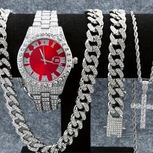 Silver and Red Color Men's Watch and Chain Set. Fashion Jewelry